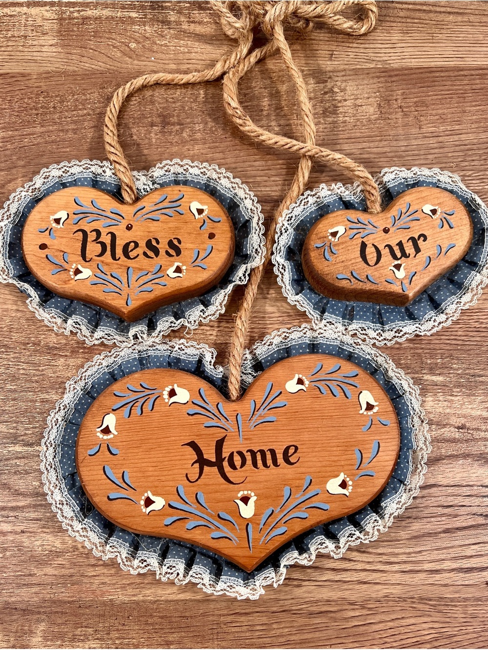 Wooden Heart Wall Hanging Trio - Bless Our Home - Blue Accent